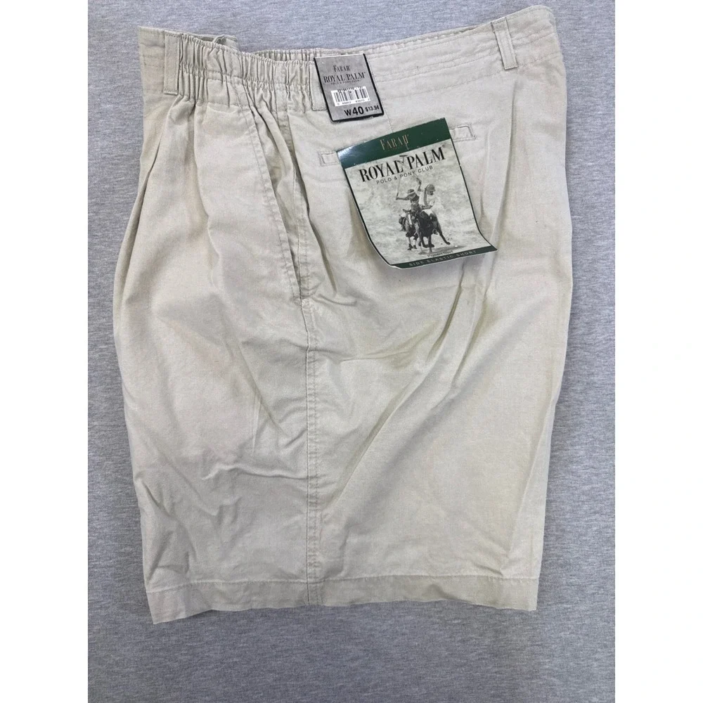 Farah Royal Palm Mens Khaki Pleated Side Elastic Cotton‎ Shorts Size 40 NWT